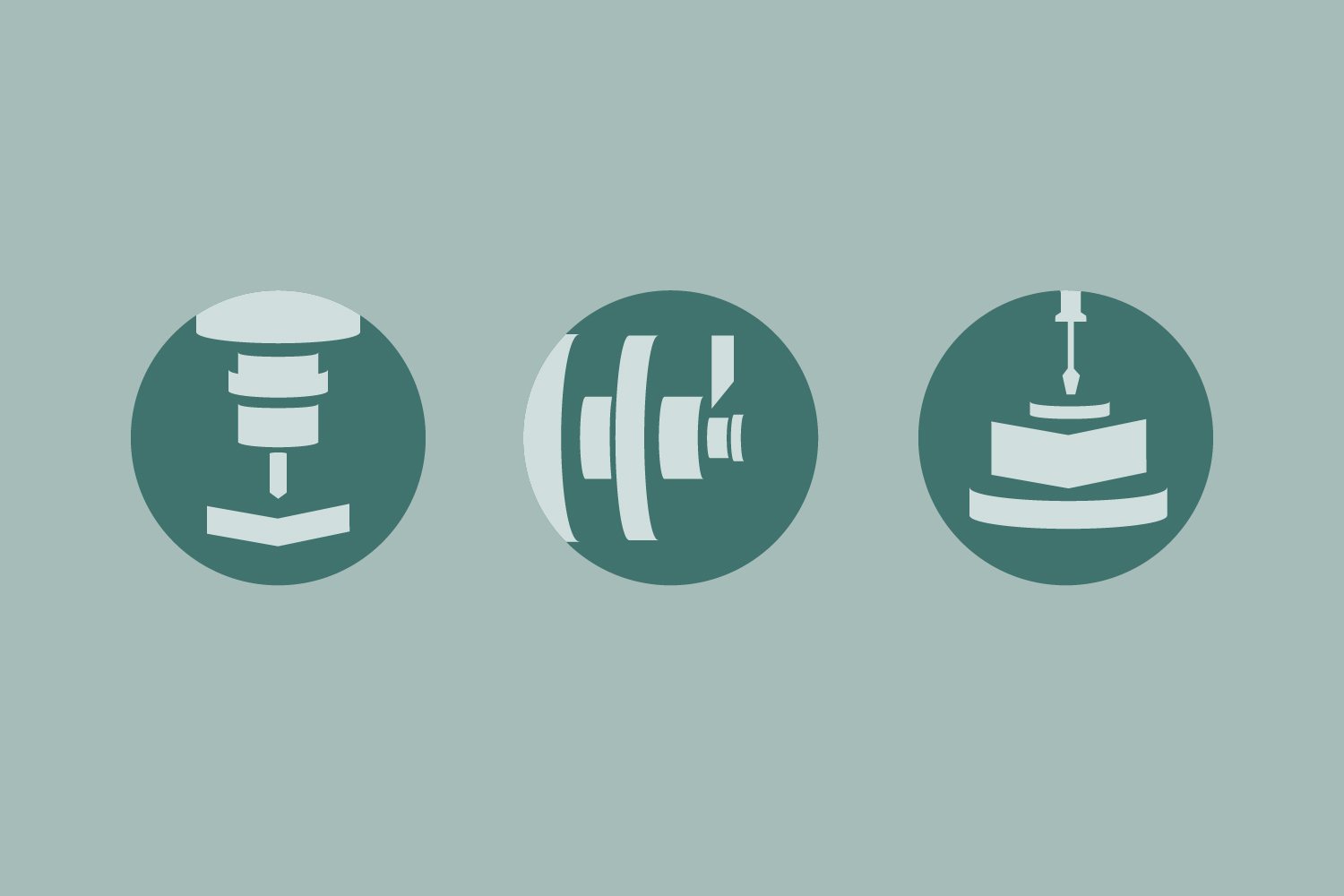 Icons für die Kernkompetenzen Fräsen, Drehen und Baugruppen